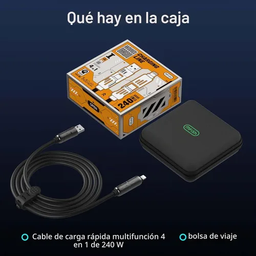 Vista 7 de MFish Cable de carga rápida 4 en 1 de 240 W, negro, 3.3 pies
