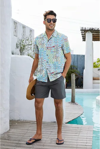 Vista 3 de Camisa hawaiana para hombre, con estampado floral, cómoda, con botones, casual, manga corta, ropa de playa para hombre