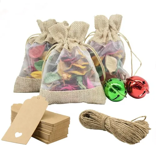 Vista 9 de GIOIPC 20 bolsas transparentes de arpillera de lino de 5 x 7 pulgadas con cordón y etiquetas de regalo adicionales para boda y cumpleaños, bolsas