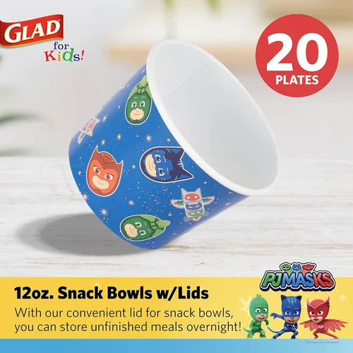 Vista 2 de Glad Cuencos de papel para aperitivos con tapas para niños, diseño espacial, resistentes, desechables para microondas con tapas para sopa o helado
