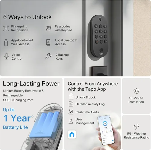Vista 2 de Tapo - Cerradura inteligente de puerta con cerradura de perilla Wi-Fi - Reconocimiento de huellas dactilares, botones táctiles sin llave y monitoreo