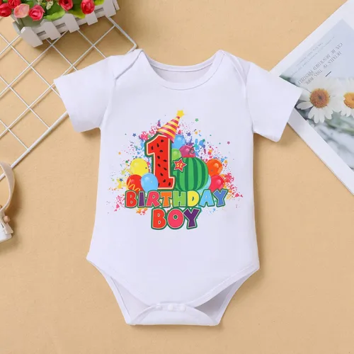 Vista 3 de IMEKIS Toddler Baby Boys Melon Birthday Outfit Romper T-shirt + Jeans Shorts + Suspenders Rainbow Cake Smash Photo Shoot 1-5T