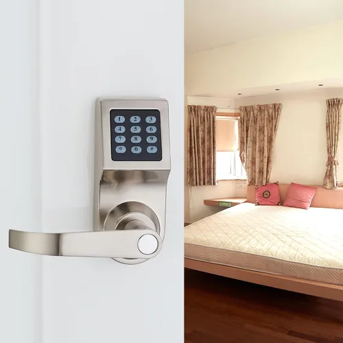 Vista 3 de Cerradura de puerta digital, desbloqueo con tarjeta M1, código y llave, predeterminado para cepillo de níquel de orientación izquierda