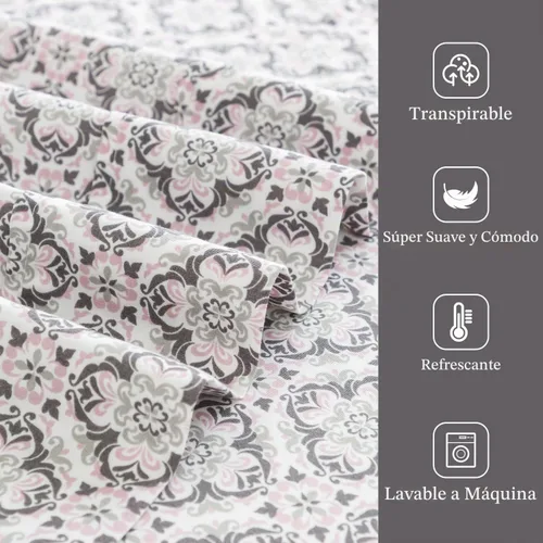Vista 6 de KACEMOO Juego de sábanas Queen de 4 piezas con estampado floral beige, juego de sábanas bohemias de microfibra con bolsillo profundo, lujosas Beige