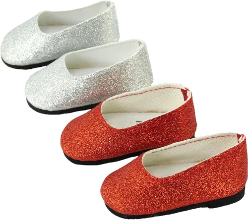 Vista 10 de American Fashion World Zapatos planos con lazo de diamante metálico rosa intenso, lavanda y verde azulado para muñecas de 14 pulgadas, paquete de 3