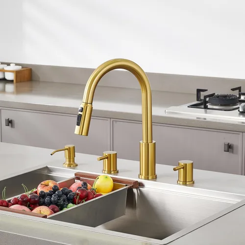Vista 4 de Tohlar Grifo de cocina de 4 agujeros, grifo de cocina dorado cepillado con dispensador de jabón y rociador extraíble, 3 modos, grifo de fregadero