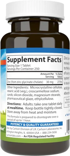 Vista 2 de Carlson Zinc quelado 30 mg – Suplemento de quelato de glicinato de zinc – Absorción superior, apoyo inmunológico y enzimático, antioxidante, 250