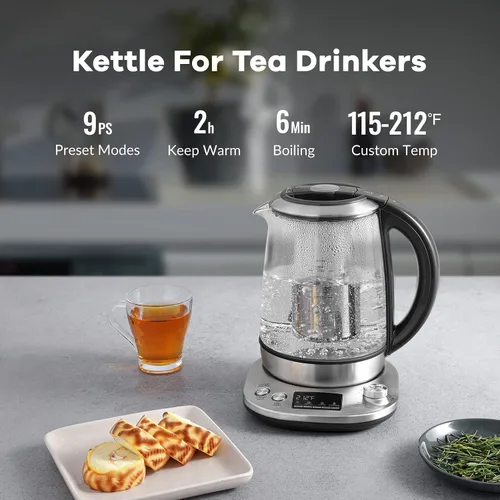 Vista 2 de Mecity Hervidor de té eléctrico con infusor extraíble, 9 programas de preparación preestablecidos, control de temperatura, 2 horas para mantener