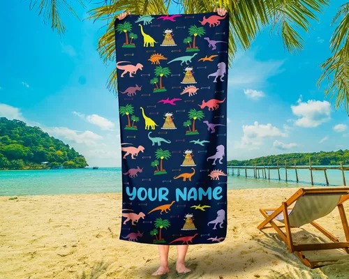 Vista 3 de Generic Toalla de playa de dinosaurio, nombre personalizado, algodón de secado rápido, regalo divertido para niños