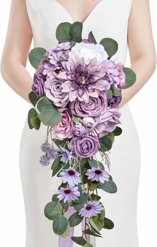 Vista 17 de Serwalin Ramos de boda de 9.8 pulgadas para novia y dama de honor, peonías rosa empolvado, ramos de flores de novia para boda, ramo de lanzamiento