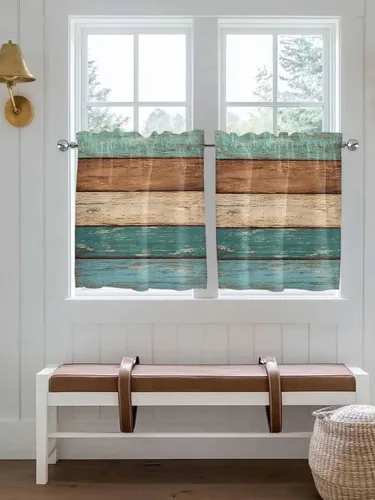 Vista 3 de Juego de 2 paneles de cortina de ventana turquesa turquesa retro de 24 pulgadas de largo, cortinas de cocina con bolsillo para barra, cortinas