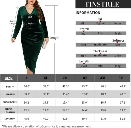Vista 6 de TINSTREE Vestido ajustado de terciopelo de manga larga para mujer, talla grande, sexy, fruncido, cuello en V profundo, vestido de cóctel para fiesta