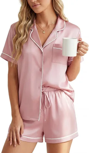 Vista 10 de LYANER Pijama de satén para mujer de seda de 2 piezas de pijama de manga corta con botones Azul brillante