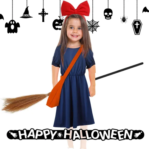 Vista 6 de Girls Witch Costume Anime Cosplay Dress with Tights Wizard Flying Broom Bag Bow Headdress for Kids Halloween Cosplay