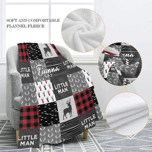 Vista 5 de XOZOTY Manta de bebé personalizada con texto y nombre, diseño a cuadros de hombre pequeño, con texto y nombre, para niños y niñas, regalo