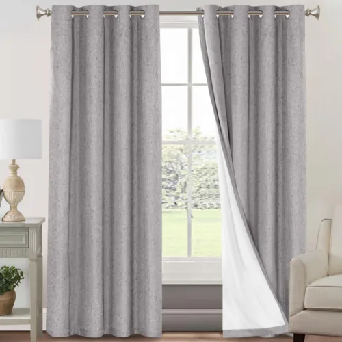 Vista 119 de Cortinas con textura de lino 100% opacas de 64 pulgadas de largo, juego de 2 paneles de cortinas de lino opacas con forro aislante térmico que Arena