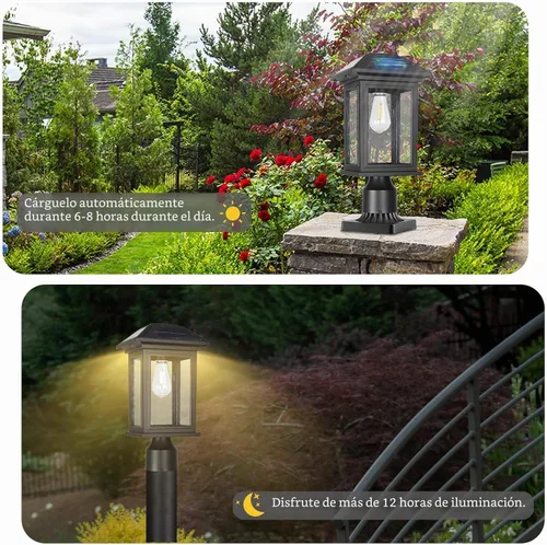 Vista 3 de Luces de poste solares para exteriores, lámparas de poste negro impermeables y antioxidantes con vidrio transparente, lámpara LED alimentada por