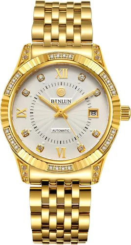 Vista 27 de BINLUN Reloj de pulsera para hombre, mecánico automático, reloj dorado con cuerda automática, elegante, chapado en oro de 18 quilates, relojes