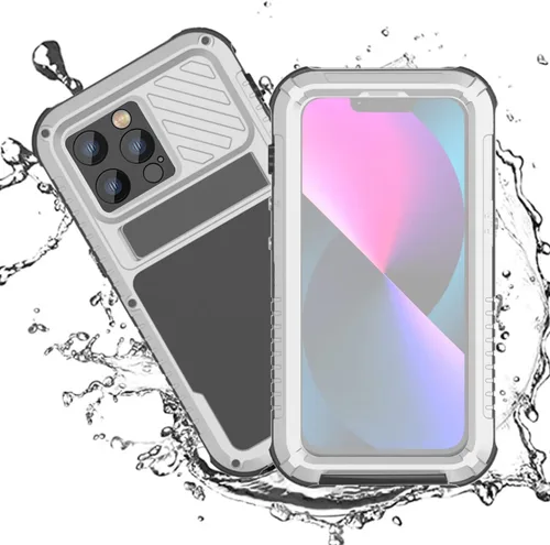 Vista 7 de Funda impermeable para iPhone 14 para iPhone 14 bajo el agua, funda metálica para iPhone 14 con protector de pantalla, soporte militar, cuerpo Negro