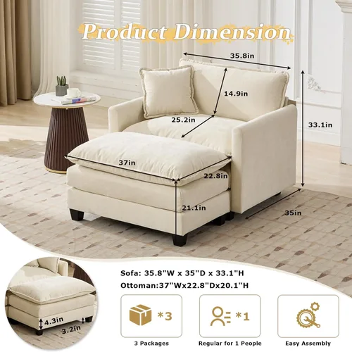 Vista 2 de Sofá seccional de chenilla SoarFlash, cómodo sofá modular individual con reposapiés, sofá reclinable moderno de asiento profundo para sala de estar
