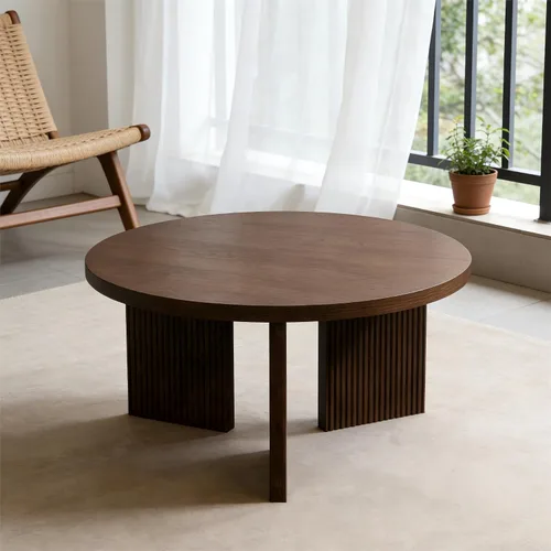 Vista 11 de Mesa de centro redonda de madera, mesa de centro de 35 pulgadas con mesa gruesa y lisa, mesa central de círculo bajo con patas estables