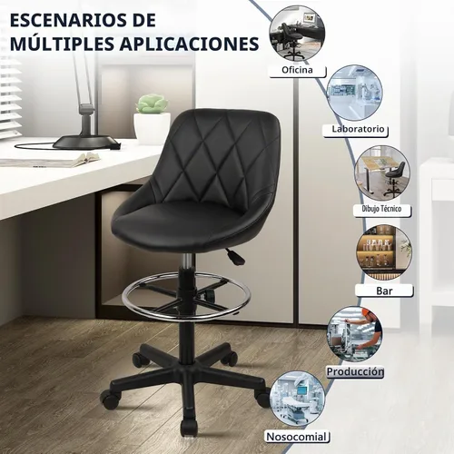 Vista 4 de KLASIKA Silla de dibujo con respaldo, taburete giratorio de cuero sintético ajustable en altura con anillo para el pie, silla de oficina ergonómica