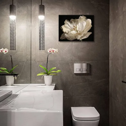 Vista 4 de Decoración de baño negro, tulipán blanco sobre fondo negro, arte moderno en lienzo para decoración de baño, arte de pared de baño, ilustraciones