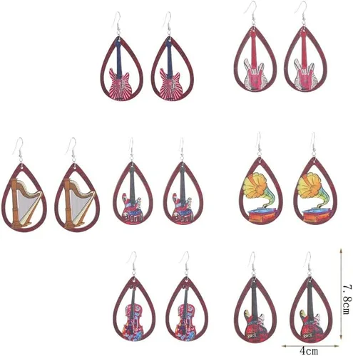 Vista 2 de Aretes de madera con notas musicales, ligeros, instrumento musical, guitarra, violín, lágrima, aretes colgantes, regalos de joyería para amantes