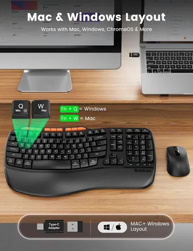 Vista 5 de Combo de teclado y mouse inalámbricos ergonómicos, 2.4G de tamaño completo con teclado de onda y reposa muñeca acolchado, escritura natural, mouse