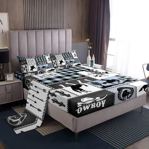 Vista 50 de Juego de sábanas para niños estilo vaquero occidental tamaño individual, juego de ropa de cama con diseño geométrico de cactus, decoración