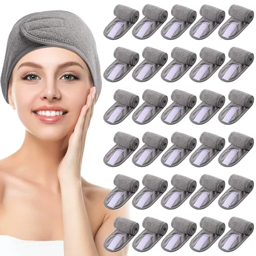 Vista 9 de Hoteam Paquete de 30 diademas de spa, esteticista facial para mujeres, ajustable, maquillaje, deportes, ducha, toalla elástica con cinta (negro)