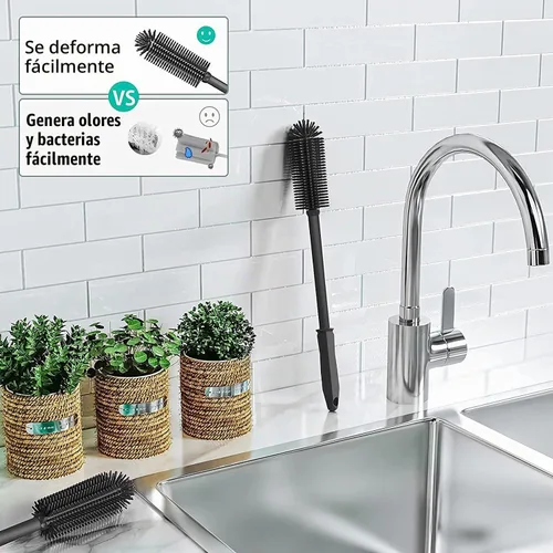 Vista 5 de Cepillo de limpieza de botellas de silicona largo Paquete de 2 Cepillo limpiador de botellas de agua de 16 + 13 pulgadas para Hydro Flask Negro