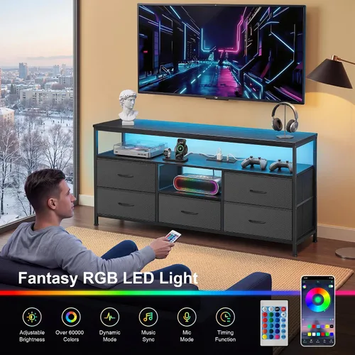 Vista 3 de Soporte de TV con luces LED y estación de carga, soporte de TV de 55 pulgadas para dormitorio, almacenamiento de cajones de tela, centro