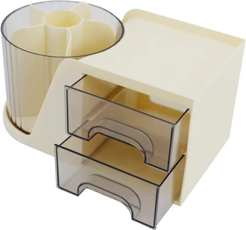 Vista 2 de Organizador de Escritorio con Soporte Giratorio para Lápices y Bolígrafos y 2 Cajones Pequeños, Caddy de Escritorio para Organización y Beige
