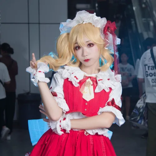 Vista 2 de REYHS Peluca de anime Flandre Scarlet Cosplay peluca para proyecto Touhou, peluca rizada rubia, peluca de disfraz de Halloween, para fiesta