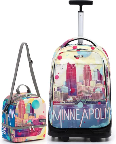 Vista 45 de NEW TILAMI Mochila con ruedas de 19 pulgadas con bolsa de almuerzo para niñas y niños, mochila para laptop con ruedas, bolsa de mano duradera