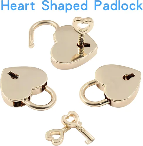 Vista 3 de Piutouyar 3 cerraduras en forma de corazón, candado de metal dorado, pequeño y lindo mini cerradura con llave para caja de almacenamiento de joyas