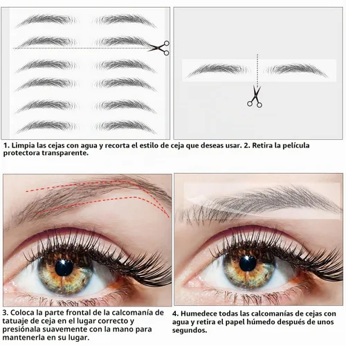 Vista 2 de 6 hojas 4D de cejas de transferencia autoadheribles con apariencia de vello natural, impermeables, preparadas y modeladas con estilo arqueado