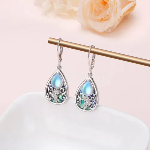 Vista 119 de Aretes colgantes de filigrana de plata de ley 925, margarita, loto, flor de rosa, piedra lunar, lágrima para mujer, nudo celta infinito, margarita
