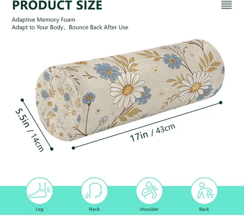 Vista 3 de Blue and White Flowers Cervical Roll Pillow, 17" Neck Support Bolster Pillow, Round Pillow for Sleeping Support and Pain Relief, with Removable