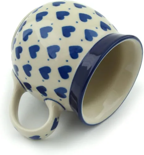 Vista 3 de Auténtica taza de burbujas de cerámica polaca de 8 onzas en diseño de delicias de corazones, hecha a mano en Bolesławiec Polonia por Ceramika