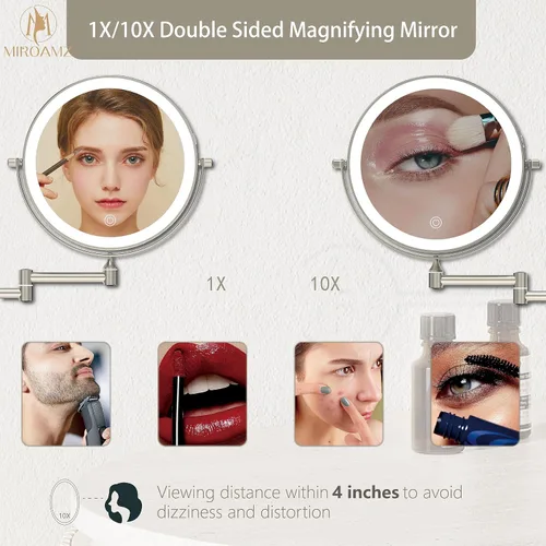 Vista 2 de Espejo de maquillaje recargable montado en la pared iluminado para el tocador de 20 centímetros de doble cara con aumento 1X 10, espejo de baño