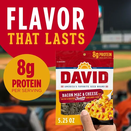 Vista 4 de DAVID Seeds Semillas de girasol jumbo saladas y tostadas con sabor a tocino a macarrones con queso, aperitivo apto para dieta cetogénica, bolsas