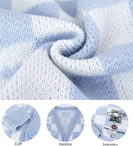 Vista 4 de Suéter de cosplay Kawaii con botones de punto para mujer, lindo cárdigan japonés a cuadros Jk uniforme suéter