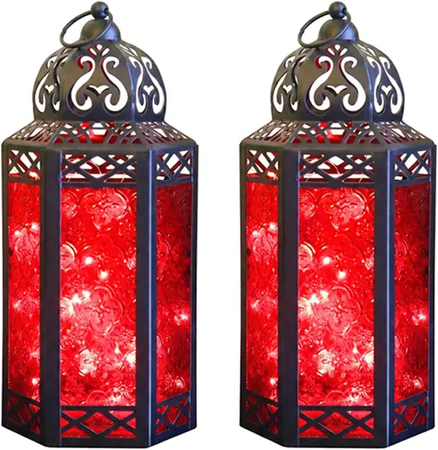 Vista 55 de VELA LANTERNS Juego de 2 portavelas decorativos de LED con luces de hadas de 12" de metal marroquí para colgar o mesa, decoración del hogar