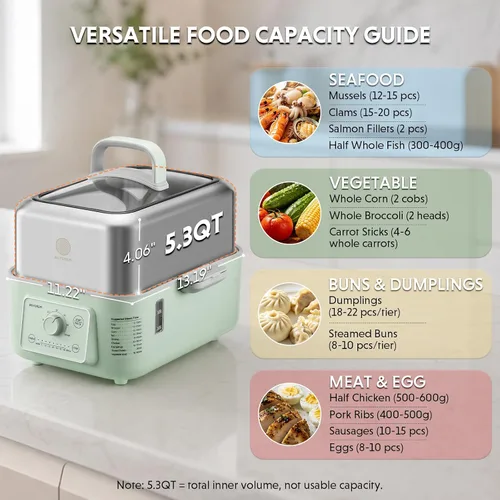 Vista 8 de BUYDEEM G52 - Vaporizador Eléctrico de Alimentos de 5.3 Cuartos de Galón para 2-4 Porciones, Vaporizador de Verduras para Cocinar, Mantiene Caliente