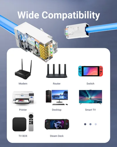 Vista 7 de Conector RJ45 blindado VCE Cat6 con funda de alivio de tensión, 25 unidades Fits 24-26AWG solid or stranded Cat6 STP/FTP cable 50 Pack Connectors