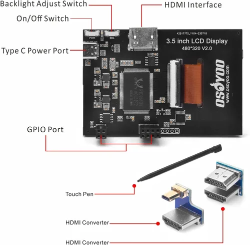 Vista 6 de OSOYOO 3.5 "HDMI LCD pantalla táctil para Raspberry Pi 5 4 3 2 con lápiz óptico