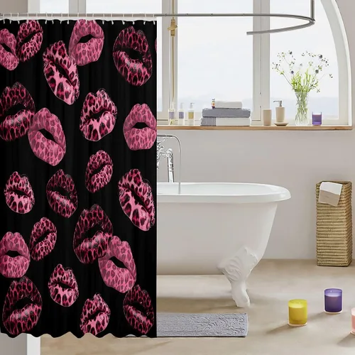 Vista 3 de Feelyou Leopard Print Lips Shower Curtain for Bathroom Decor Cheetah Print Bath Curtain Kissing Lips Bathroom Accessories Waterproof Polyester