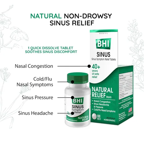 Vista 3 de MediNatura Alivio de la congestión sinusal BHI – Tabletas a base de plantas y minerales para presión sinusal, dolores de cabeza y congestión nasal